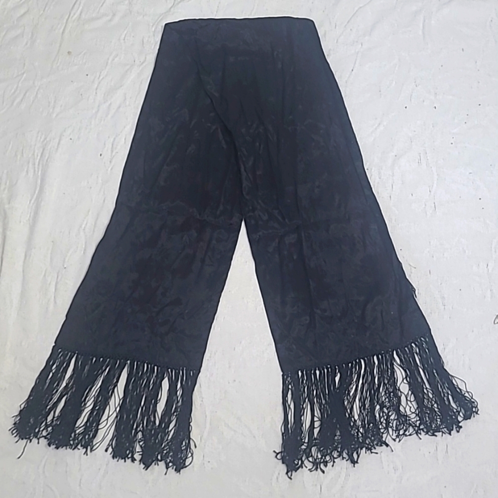 Honey Scarf Black Damask Rayon 6" knotted fringe Floral Texture